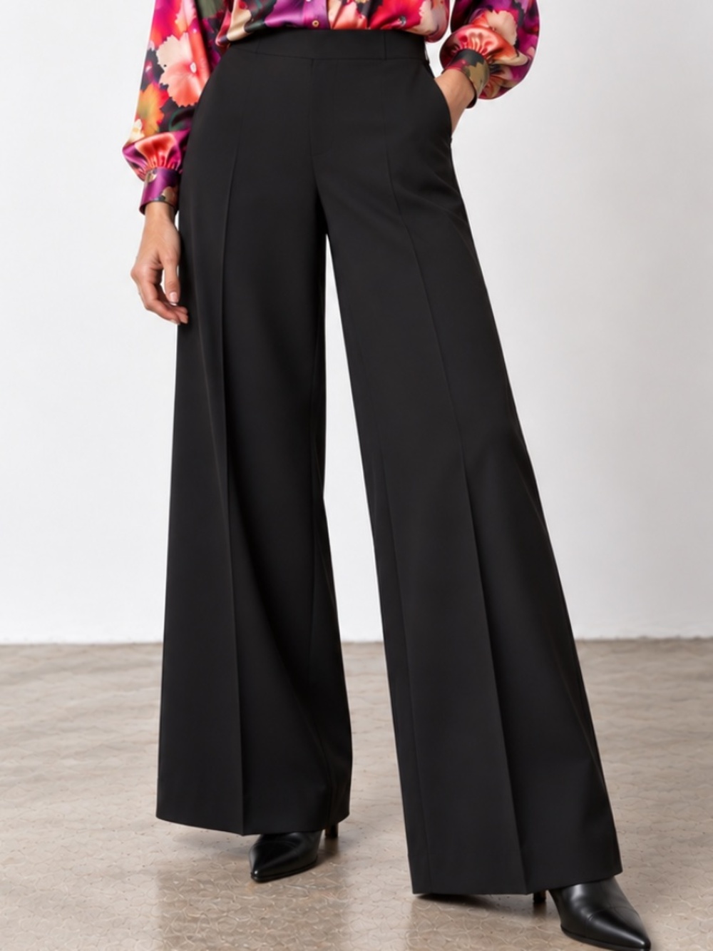 EMPORIO ARMANI Wide Leg Flat Front Virgin Wool Blend Stretch Dress Black Pants 8